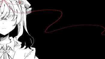 1girl bow bowtie closed_mouth collared_dress commentary dated_commentary dress hat hat_ribbon highres long_hair long_ribbon maribel_hearn mob_cap oriharareimu red_ribbon ribbon solo spot_color touhou