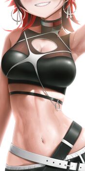 1girl absurdres armpits black_hair black_shirt breasts cleavage cleavage_cutout close-up clothing_cutout commentary cropped_shirt earrings eyes_out_of_frame facing_viewer grin hakos_baelz hakos_baelz_(monochrome_dancer) head_out_of_frame highres hololive hololive_english jewelry large_breasts luke_s_(artist) multicolored_hair navel official_alternate_costume red_hair sharp_teeth shirt simple_background smile solo stomach streaked_hair sweat teeth virtual_youtuber white_background