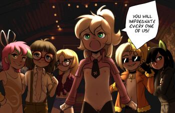 6+girls :p animal_ears asymmetrical_hair backlighting black_hair blonde_hair blue_eyes borrowed_character choker cleft_of_venus clenched_hand crade crossed_arms cutoffs denim denim_shorts english_text fake_animal_ears female_focus flat_chest glasses green_eyes green_hair groin hair_between_eyes high_collar highres indoors leotard loli long_hair looking_at_viewer luftkrieg mole multicolored_hair multiple_girls my_little_pony navel nazi necktie nipples one_side_up open_clothes open_mouth open_shirt original personification pink_hair pussy reverse_outfit short_necktie shorts smile sunglasses suspenders swastika tongue tongue_out