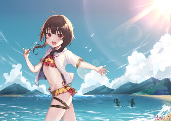 1boy 2girls :d absurdres ahoge alternate_costume aqua_(konosuba) backlighting bikini bird blue_sky blunt_bangs blush brown_hair cloud commentary cowboy_shot day english_commentary eyebrows_hidden_by_hair floating_hair food frilled_bikini frills hand_up happy highres holding holding_food holding_popsicle kono_subarashii_sekai_ni_shukufuku_wo! lens_flare looking_at_viewer megumin melting_popsicle mountainous_horizon multicolored_bikini multiple_girls navel nikaru_m ocean open_clothes open_mouth open_shirt outdoors outstretched_arm outstretched_hand popsicle red_eyes satou_kazuma seagull shiny_skin shirt short_hair_with_long_locks short_sleeves side-tie_bikini_bottom signature sky smile solo_focus stomach swimsuit teeth thigh_strap thighs two-tone_bikini upper_teeth_only wading white_shirt yellow_bikini