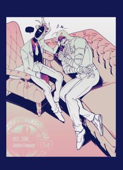 1boy 1other absurdres bear_shakra belt blue_border border chair coat collared_shirt couch dante_(limbus_company) faceless gloves hand_on_another&#039;s_face highres indoors korean_text limbus_company lying male_focus manly mask monochrome muscular muscular_male necktie object_head oc_x_canon on_chair on_couch open_clothes open_coat original pants project_moon scar scar_on_face scar_on_mouth shirt simple_background sitting stitched_arm stitches watermark