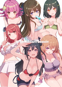 6+girls absurdres bikini black_hair blue_bikini blue_eyes bow braid breasts brown_hair cleavage comiket_104 commentary_request cream_(nipakupa) flower food food_in_mouth frilled_bikini frills green_bikini grey_eyes hair_bow hair_bun hair_flower hair_ornament hairclip hands_on_own_chest highres holding holding_food holding_popsicle konoe_kanata large_breasts leaning_forward looking_at_viewer love_live! love_live!_nijigasaki_high_school_idol_club medium_breasts mifune_shioriko multiple_girls navel one_eye_closed orange_hair osaka_shizuku pink_hair ponytail popsicle popsicle_in_mouth purple_bikini purple_eyes red_bikini red_eyes salute single_braid single_side_bun sleepy small_breasts smile strap_slip swimsuit tennoji_rina uehara_ayumu white_background white_bikini yellow_eyes yuki_setsuna