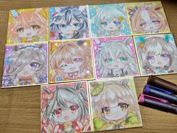 +_+ 6+girls :d :o ;d @_@ ahoge animal animal_ears animal_on_head bare_shoulders black_gloves black_hair black_jacket blue_eyes blue_gloves blue_hair blue_shirt blush bow breasts brown_eyes brown_hair cat chibi cleavage cleavage_cutout clothing_cutout commentary_request copano_rickey_(umamusume) copano_rickey_(yin-yang_bagua_lucky_costume)_(umamusume) detached_sleeves double_thumbs_up dress fang fingerless_gloves flower gloves green_eyes green_sailor_collar grin hair_between_eyes hair_flower hair_ornament hair_over_one_eye hairclip half_gloves hokko_tarumae_(star_light_ship)_(umamusume) hokko_tarumae_(umamusume) horse_ears jacket katsuragi_ace_(dragon_rising_to_the_top)_(umamusume) katsuragi_ace_(umamusume) kitasan_black_(crowning_ooban)_(umamusume) kitasan_black_(umamusume) long_sleeves matikanefukukitaru_(umamusume) medium_breasts meisho_doto_(turbulent_blue)_(umamusume) meisho_doto_(umamusume) multicolored_hair multiple_girls off-shoulder_dress off_shoulder on_head one_eye_closed open_clothes open_jacket open_mouth parted_lips photo_(medium) pink_dress purple_eyes red_eyes rice_shower_(vampire_makeover!)_(umamusume) rice_shower_(umamusume) sailor_collar satono_diamond_(natural_brilliance)_(umamusume) satono_diamond_(umamusume) seiun_sky_(reeling_in_the_big_one)_(umamusume) seiun_sky_(umamusume) shikishi shirt short_eyebrows sleeves_past_fingers sleeves_past_wrists smile streaked_hair striped_bow terimuku thick_eyebrows thumbs_up traditional_media two-tone_hair two_side_up umamusume v white_hair white_shirt wonder_acute_(butterfly_sting)_(umamusume) wonder_acute_(umamusume) yellow_flower yellow_sleeves