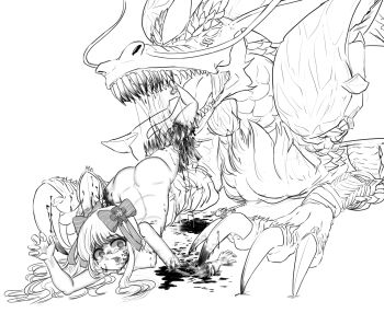 1girl absurdres amputee ass blood chaos_marie_(grimms_notes) chung_sung dragon eastern_dragon greyscale grimms_notes guro hair_ribbon highres ice_dragon_fo_(grimms_notes) long_hair monochrome monster open_mouth ribbon sharp_teeth simple_background teeth tongue white_background