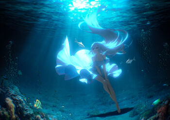 Rule 34 | 1girl, absurdres, air bubble, arknights, bare legs, bare shoulders, barefoot, breasts, bubble, cleavage, collarbone, coral, dress, fish, floating, floating hair, full body, highres, light rays, long hair, phoenix (lanzilong646), red eyes, rock, scenery, seafloor, shark, skadi (arknights), solo, submerged, sunbeam, sunlight, tropical fish, underwater, very long hair, water, white dress, white hair