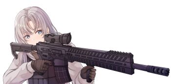 1girl absurdres aiming black_vest blue_eyes brown_gloves brown_shirt bulletproof_vest closed_mouth commentary commission english_commentary facing_viewer gloves grey_hair gun highres holding holding_gun holding_weapon long_hair long_sleeves pixiv_commission rifle shirt simple_background solo upper_body vest weapon welo white_background
