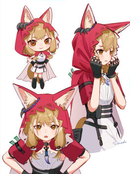 Rule 34 | 1girl, animal ears, arknights, arknights: endfield, chibi, commentary, gloves, hands on own hips, highres, hood, hood up, multiple views, rossi (arknights), sutoa, tail, white background, wolf ears, wolf girl, wolf tail