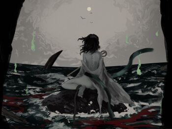 1girl alternate_costume ass back barefoot bird black_hair blood commentary_request from_behind highres hitodama japanese_clothes kimono ladle long_hair mitsusame moon murasa_minamitsu ocean off_shoulder on_rock overcast painterly sitting sky solo touhou water white_kimono wind