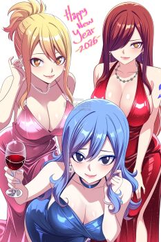 2026 3girls absurdres bare_shoulders bent_over black_eyes blonde_hair blue_choker blue_dress breasts brown_eyes brown_hair choker cleavage cocktail_dress commentary cup dress english_commentary erza_scarlet fairy_tail group_picture hair_over_one_eye happy_new_year high_ponytail highres holding holding_cup jewelry juvia_lockser large_breasts long_hair lucy_heartfilia multiple_girls necklace new_year pink_dress pink_lips ponytail red_dress smile standing yellow_eyes yookanart