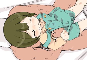 1boy 1girl age_difference aqua_overalls blush bob_cut clenched_hand closed_eyes clothed_female_nude_male crying dark_green_hair extra flat_chest flat_chest_grab furrowed_brow grabbing_from_behind groping ham_(points) hand_under_clothes kobayashi-san_chi_no_maidragon loli long_sleeves molestation nose_blush nude orange_shirt overalls shirt short_hair sitting sitting_on_lap sitting_on_person solo_focus tears