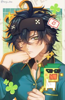 1boy ajaw_(genshin_impact) aqua_pajamas black_hair blindfold blonde_hair chest_tattoo closed_mouth commentary english_commentary genshin_impact green_eyes green_hair hair_between_eyes haryu_chee kinich_(genshin_impact) male_focus multicolored_hair neck_tattoo one_eye_closed pajamas solo streaked_hair tattoo