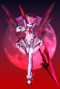 black_wings blue_hair crossover full_moon glowing glowing_lines gradient_background hand_up highres holding holding_polearm holding_weapon looking_at_viewer mechanization medarot metal_hair metal_wings moon no_mouth outline pink_thighhighs polearm red_outline remilia_scarlet robot_girl spear_the_gungnir star_(ikaruga) thighhighs touhou weapon wings