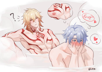 2boys abs arm_tattoo bathtub blonde_hair blue_eyes blush braid chest_tattoo facial_tattoo gradient_hair grey_hair hair_between_eyes highres honkai:_star_rail honkai_(series) kirene88 long_hair male_focus multicolored_hair multiple_boys muscular muscular_male mydei_(honkai:_star_rail) neck_tattoo orange_hair phainon_(honkai:_star_rail) red_tattoo same-sex_bathing shared_bathing short_hair tattoo yaoi