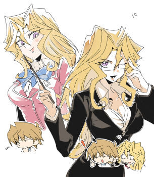 ! 1boy 1girl 3_ma_me ;d black_jacket blue_bow blue_bowtie bow bowtie chibi chibi_inset closed_eyes closed_mouth collared_shirt domino_high_school_uniform grabbing_another&#039;s_ear hair_between_eyes hand_on_another&#039;s_ear jacket jonouchi_katsuya kujaku_mai long_hair long_sleeves multiple_views one_eye_closed open_mouth partially_unbuttoned pink_jacket purple_eyes school_uniform shirt smile white_background white_shirt yu-gi-oh! yu-gi-oh!_duel_monsters