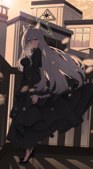 1girl absurdres abydos_high_school_logo ahoge animal_ear_fluff animal_ears black_choker black_dress blue_archive blue_eyes breasts building chinese_commentary choker closed_mouth commentary cross_hair_ornament dress extra_ears from_side full_body grey_hair hair_ornament halo high_heels highres lens_flare long_hair long_sleeves looking_at_viewer looking_to_the_side medium_breasts mismatched_pupils orange_sky outdoors patent_heels pumps qiongliing railing school shiroko_terror_(blue_archive) shoes sky sleeves_past_wrists smile solo standing stiletto_heels sun sunset wolf_ears
