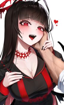 1boy 1girl :d absurdres antenna_hair black_hair black_wings blood blood_halo blue_archive blush breasts cleavage grabbing_another's_arm halo hand_on_another's_cheek hand_on_another's_face hand_on_another's_hand heart heart-shaped_pupils hetero highres jaffna large_breasts liquid_halo long_hair long_sleeves looking_at_viewer melting_halo open_mouth red_eyes red_halo saliva sharp_teeth simple_background smile solo_focus symbol-shaped_pupils teeth tongue tongue_out tsurugi_(blue_archive) very_long_hair white_background wings