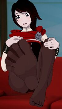 foot_focus grey_eyes no_shoes pantyhose ruby_rose rwby solo tagme