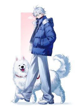 1boy absurdres alternate_costume antenna_hair blue_coat blue_eyes blue_scarf chinese_commentary coat commentary_request denim dog full_body hand_in_pocket highres honkai:_star_rail honkai_(series) jeans looking_at_viewer male_focus pants parted_bangs peiningningningningning phainon_(honkai:_star_rail) scarf shoes short_hair solo white_hair white_shoes winter_clothes winter_coat