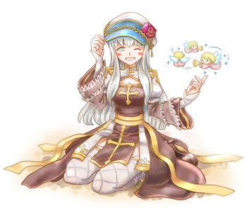 Rule 34 | 1girl, angel, arch bishop (ragnarok online), blush stickers, breasts, brown dress, cleavage cutout, clock hat ornament, clothing cutout, commentary request, cross, dress, fingernails, fishnet thighhighs, fishnets, full body, green eyes, grey hair, grin, hat, hat ornament, juliet sleeves, long hair, long sleeves, looking at viewer, medium breasts, one eye closed, philippa, puffy sleeves, ragnarok online, sash, seiza, simple background, sitting, smile, solo, thighhighs, two-tone dress, white background, white dress, white hat, white thighhighs, yellow sash