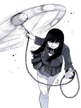 1girl absurdres ball_and_chain_(weapon) black_hair blazer blunt_bangs feet_out_of_frame full_body greyscale hand_up highres hime_cut jacket kill_bill kneehighs long_hair looking_at_viewer lower_eyelashes_only manabu_yashiro monochrome parted_lips plaid_clothes plaid_skirt school_uniform skirt smile socks solo spike_ball spiked_ball_and_chain swinging_weapon walking walking_towards_viewer weapon yuubari_gogo