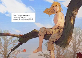 1boy artist_name autumn_leaves barefoot belt blonde_hair blue_eyes brown_belt earrings english_text falling_leaves foot_out_of_frame grey_pants hair_between_eyes in_tree jewelry leaf link long_hair male_focus nintendo outdoors pants pants_rolled_up pointy_ears pyonteo sidelocks sitting sitting_on_branch solo the_legend_of_zelda the_legend_of_zelda:_breath_of_the_wild the_legend_of_zelda:_tears_of_the_kingdom topless_male tree wind