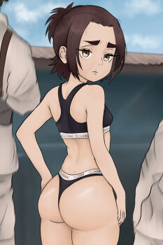 antigens ass ass_focus brown_eyes brown_hair from_behind gabi_braun highres huge_ass looking_at_viewer sad shingeki_no_kyojin sports_bra sportswear wide_hips