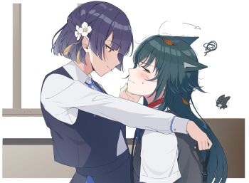 2girls animal_ears black_vest blue_eyes closed_mouth collar collared_shirt commentary_request dog_ears flower gakuen_idolmaster green_eyes green_hair hair_flower hair_ornament hand_on_another&#039;s_face hataya_misuzu highres holding holding_leash idolmaster juu_10 kemonomimi_mode leash long_hair multiple_girls purple_hair school_uniform shirt short_hair sitting sitting_on_lap sitting_on_person smile squiggle tsukimura_temari vest white_flower white_shirt yuri