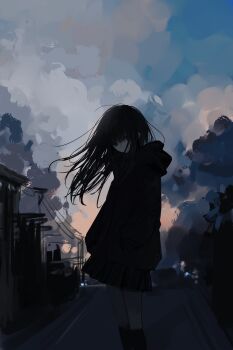 1girl black_eyes black_hair black_hoodie black_skirt blue_sky cloud dark dusk feet_out_of_frame from_side highres hood hoodie long_hair looking_at_viewer looking_to_the_side orange_sky original outdoors pale_skin power_lines road skirt sky solo standing street utility_pole zi_qi_xiang