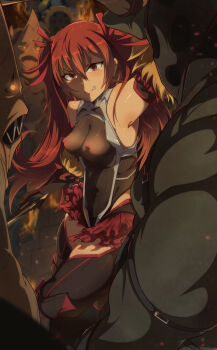 1girl alternate_costume arm_up armpits black_thighhighs bodysuit bow breasts commission covered_erect_nipples covered_navel detached_sleeves fire_emblem fire_emblem_awakening gloves hair_bow highres holding holding_sword holding_weapon long_hair medium_breasts multiple_boys nintendo nipples orphen_(pink_seito) pixiv_commission red_eyes red_hair restrained see-through_clothes severa_(fire_emblem) skindentation solo_focus sword thighhighs thighs twintails very_long_hair weapon