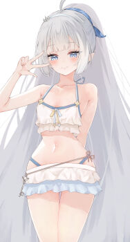 1girl absurdres bikini bikini_skirt blunt_bangs blush collarbone commentary_request cowboy_shot female_tyrant_(stella_sora) female_tyrant_(swimsuit)_(stella_sora) frilled_bikini frilled_skirt frills grey_eyes grey_hair hair_ribbon hairband highres key long_hair looking_at_viewer navel nekomaru_(nekomaru222) official_alternate_costume plaid_ribbon pointy_ears ponytail ribbon simple_background skirt smile solo spaghetti_strap standing stella_sora stomach swimsuit symbol-shaped_pupils tyrant_(stella_sora) v white_background white_bikini