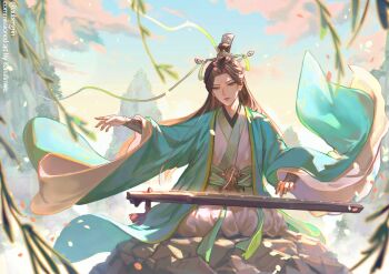 1boy androgynous aubergrin bindi black_hair blue_sky chinese_clothes closed_mouth cloud commission falling_petals floating_hair full_body gradient_sky green_eyes green_hanfu guqin hair_bun hanfu highres instrument karst kneeling long_hair long_sleeves looking_down male_focus mountain music outstretched_arm petals playing_instrument renzha_fanpai_zijiu_xitong ribbon ribboned_xiao_guan shen_jiu_(renzha_fanpai_zijiu_xitong) single_hair_bun sitting sky solo twitter_username vambraces white_hanfu wide_sleeves wind xiao_guan_(headdress) yellow_ribbon yellow_sky