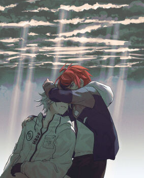 Rule 34 | 2boys, absurdres, abura 99, ahoge, aotsuki eito, black gloves, black pants, black streaks, blue eyes, blue jacket, breast pocket, cloud, cloudy sky, commentary request, covering another's eyes, crying, film grain, glasses, gloves, grey hair, grey jacket, highres, hood, hoodie, hug, jacket, jacket over hoodie, male focus, multicolored hair, multicolored jacket, multiple boys, open clothes, open jacket, pants, partially unzipped, pocket, red hair, short hair, sky, streaked hair, sumino takumi, the hundred line -last defense academy-, two-tone hair, two-tone jacket, white hoodie, white jacket