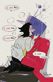 2boys ant_tenna black_hair black_pants black_shoes blush cigarette commentary_request crt cup dated deltarune english_text gloves hands_on_another&#039;s_back head_steam highres holding holding_cigarette holding_cup long_nose male_focus multiple_boys object_head on_lap pants pointy_nose radio_antenna shirt shoes short_hair size_difference spamton_g._spamton spamton_g._spamton_(big_shot) speech_bubble tailcoat twitter_username utdr_(toby_fox) white_gloves white_shirt yaoi yomunow