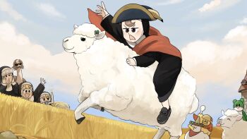 Rule 34 | 4girls, :d, :o, baby animal, banana, bird, black footwear, blonde hair, brown eyes, brown hair, cape, chicken, clumsy nun (diva), commentary, cosplay, diva (hyxpk), duck, duckling, english commentary, fine art parody, food, freckles, froggy nun (diva), fruit, grey hair, habit, hat, highres, little nuns (diva), multiple girls, napoleon bonaparte, napoleon bonaparte (cosplay), napoleon crossing the alps, nun, open mouth, ostrich, outdoors, parody, red cape, riding, sheep, sheep nun (diva), slice of life, smile, snorkel, sombrero, spicy nun (diva), traditional nun, triangle mouth