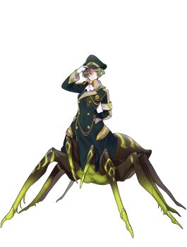 1girl arachne arm_behind_back armband arthropod_girl ascot black_coat black_hat buttons character_request closed_mouth coat commentary_request double-breasted ether_glider glasses gloves green_hair hand_on_headwear hat highres insect_girl long_sleeves monster_girl pink_eyes pointy_ears short_hair solo spider_girl taur white_armband white_ascot white_background white_gloves z-ton