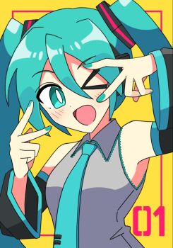 Rule 34 | > o, 1girl, ;d, aqua eyes, aqua hair, aqua nails, aqua necktie, aqua trim, black sleeves, bright pupils, commentary request, detached sleeves, double v, grey shirt, hatsune miku, highres, looking at viewer, necktie, one eye closed, open mouth, shirt, sleeveless, sleeveless shirt, smile, solo, tahanaexx, triple baka (vocaloid), twintails, upper body, v, v over eye, vocaloid, yellow background