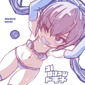 1girl arms_up backbeako_(torotei) backbeard black_hair blush bow bow_bra bow_panties bra breasts clenched_teeth commentary cowboy_shot dated dated_commentary dutch_angle elbow_gloves gegege_no_kitarou gloves hair_over_one_eye kono_lolicon_domome leaning_forward loli long_hair looking_at_viewer navel one_eye_closed original paid_reward_available panties pear-shaped_figure pointy_ears red_eyes simple_background small_breasts solo sweat teeth thighhighs torotei translated twintails underwear watermark web_address white_background white_bra white_gloves white_panties white_thighhighs