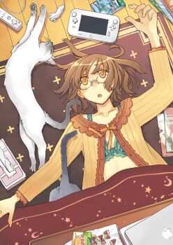 Rule 34 | 1girl, bra, brown hair, candy, cat, female focus, food, game, game console, glasses, highres, oomori aoi, open clothes, open shirt, original, shirt, solo, tissue box, underwear, video game, wii u