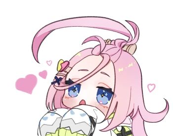 +_+ 1girl ahoge aino_(genshin_impact) antenna_hair blue_eyes colored_eyelashes commentary forehead genshin_impact hair_between_eyes hair_ornament hairclip heart jacket long_hair open_mouth pink_eyes pink_hair screw_hair_ornament simple_background sleeves_past_fingers sleeves_past_wrists solo sometannnn symbol-shaped_pupils white_background white_jacket x_hair_ornament