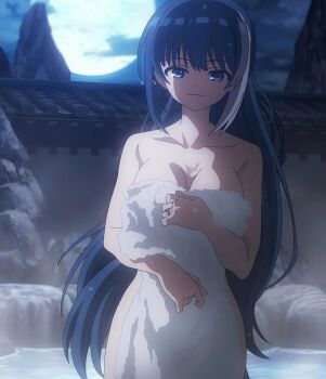 1girl blue_eyes blue_hair breasts cleavage highres large_breasts long_hair looking_at_viewer moon scar screencap towel water yozakura-san_chi_no_daisakusen yozakura_mutsumi