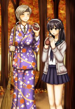 2girls ahoge animal_print asymmetrical_bangs autumn_leaves black_hair blowing blush broom brown_eyes buttons chibiosaka chitose_(kancolle) closed_eyes floral_print food grey_hair headband holding holding_broom holding_food japanese_clothes jumper kantai_collection kimono leaf leaves long_hair looking_at_object multiple_girls official_alternate_costume rabbit_print roasted_sweet_potato sailor_collar skirt smile sweet_potato tassle tree ushio_(kancolle) yukata