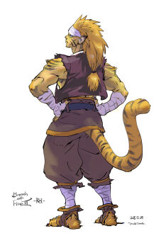 1boy animal_ears baggy_pants bandaged_arm bandaged_leg bandages bandana belt black_belt blonde_hair blue_eyes breath_of_fire breath_of_fire_iii brown_pants brown_vest character_name claws commentary_request copyright_name dated facial_mark from_behind full_body furry furry_male hands_on_own_hips highres long_hair looking_back low-tied_long_hair male_focus pants rei_(breath_of_fire) signature solo spiked_hair standing tail tiger_boy tiger_ears tiger_tail tombiiwa vest yellow_fur