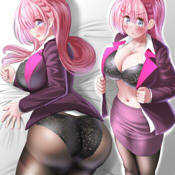 1girl aqua_eyes ass bed blue_eyes blush bokutachi_wa_benkyou_ga_dekinai braid breasts butt_crack cleavage collarbone dress_shirt gu~derenko highres jacket jewelry kirisu_mafuyu large_breasts long_hair looking_at_viewer looking_back multiple_views navel necklace on_bed open_clothes open_jacket open_shirt panties panties_under_pantyhose pantyhose pencil_skirt pink_hair shirt sideboob skirt solo standing stomach suit_jacket thighs top-down_bottom-up underwear