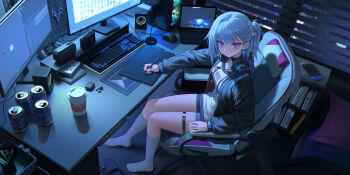 1girl ankle_socks ankle_strap blue_hair can chair city cityscape computer drawing_tablet headphones headphones_around_neck highres hood hooded_vest hoodie indoors laptop long_hair looking_at_viewer monitor night on_chair original pink_eyes ponytail shirt shorts skindentation socks t-shirt table vest white_socks xzu