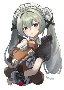 1girl commentary corin_wickes cuffs daweykun green_hair hair_between_eyes highres hugging_doll hugging_object long_hair looking_at_viewer maid maid_headdress open_mouth puffy_short_sleeves puffy_sleeves purple_eyes screw_hair_ornament short_sleeves simple_background solo stuffed_animal stuffed_toy teddy_bear twintails twitter_username white_background zenless_zone_zero