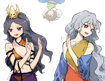 3girls bare_shoulders bright_pupils chirizuka_ubame crop_top crown detached_sleeves dress fossilized_wonders grey_hair hashtag-only_commentary headpiece kaigen_1025 long_hair midriff multiple_girls navel nervous_sweating open_mouth parted_bangs purple_eyes purple_skirt red_eyes sakata_nemuno single-shoulder_dress skirt son_biten sweat sweatdrop touhou upper_body upside-down very_long_hair wavy_hair white_background white_pupils