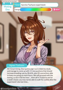 1girl absurdres aged_up agnes_tachyon_(umamusume) ahoge alternate_costume animal_ears blurry blurry_background breasts brown_hair cleavage collarbone commentary english_commentary english_text hair_between_eyes hand_up highres horse_ears horse_girl indoors jewelry light_smile looking_at_viewer mature_female necklace open_mouth purple_nails red_eyes romulproduce shirt signature speech_bubble tear_troughs twitter_username umamusume user_interface