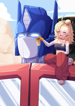 1boy 1girl absurdres autobot bilingual_commentary blonde_hair breasts can choker closed_eyes commentary crop_top crossover drink_can english_commentary forehead gloves highres mecha medium_breasts medium_hair mixed-language_commentary open_mouth optimus_prime pants piper_wheel red_choker red_pants robot septiawan_dms sitting smile transformers yellow_gloves zenless_zone_zero