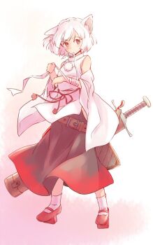 1girl animal_ears bandage_in_mouth bandaged_arm bandages bare_shoulders belt black_skirt brown_belt commentary_request detached_sleeves full_body geta inubashiri_momiji one-hour_drawing_challenge pink_background pom_pom_(clothes) rangycrow red_eyes red_ribbon red_shoes ribbon scabbard sheath sheathed shirt shoes sideways_glance skirt socks solo sword tengu-geta touhou weapon white_hair white_shirt white_socks wolf_ears wolf_girl