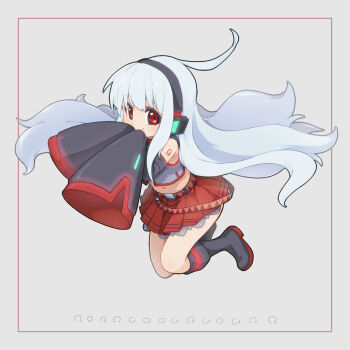 1girl 310123 belt boots commentary_request crop_top detached_sleeves floating_hair full_body headphones highres lace lace-trimmed_skirt lace_trim long_hair long_sleeves looking_at_viewer midriff navel plaid_clothes plaid_skirt pleated_skirt red_eyes shirt skirt sleeveless sleeveless_shirt sleeves_past_fingers sleeves_past_wrists smile solo sukone_tei utau very_long_hair white_hair